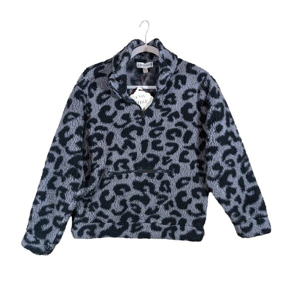 Knox Rose Sherpa Jacket Womens XS Quarter Zip Leopard Animal Print Front Pocket - Picture 1 of 10